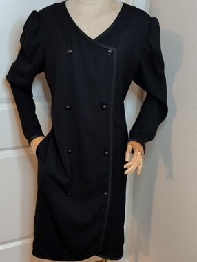 Vintage 80s Jane Andre I Magnin Black Wool Coat Dress Double Breasted SZ 10